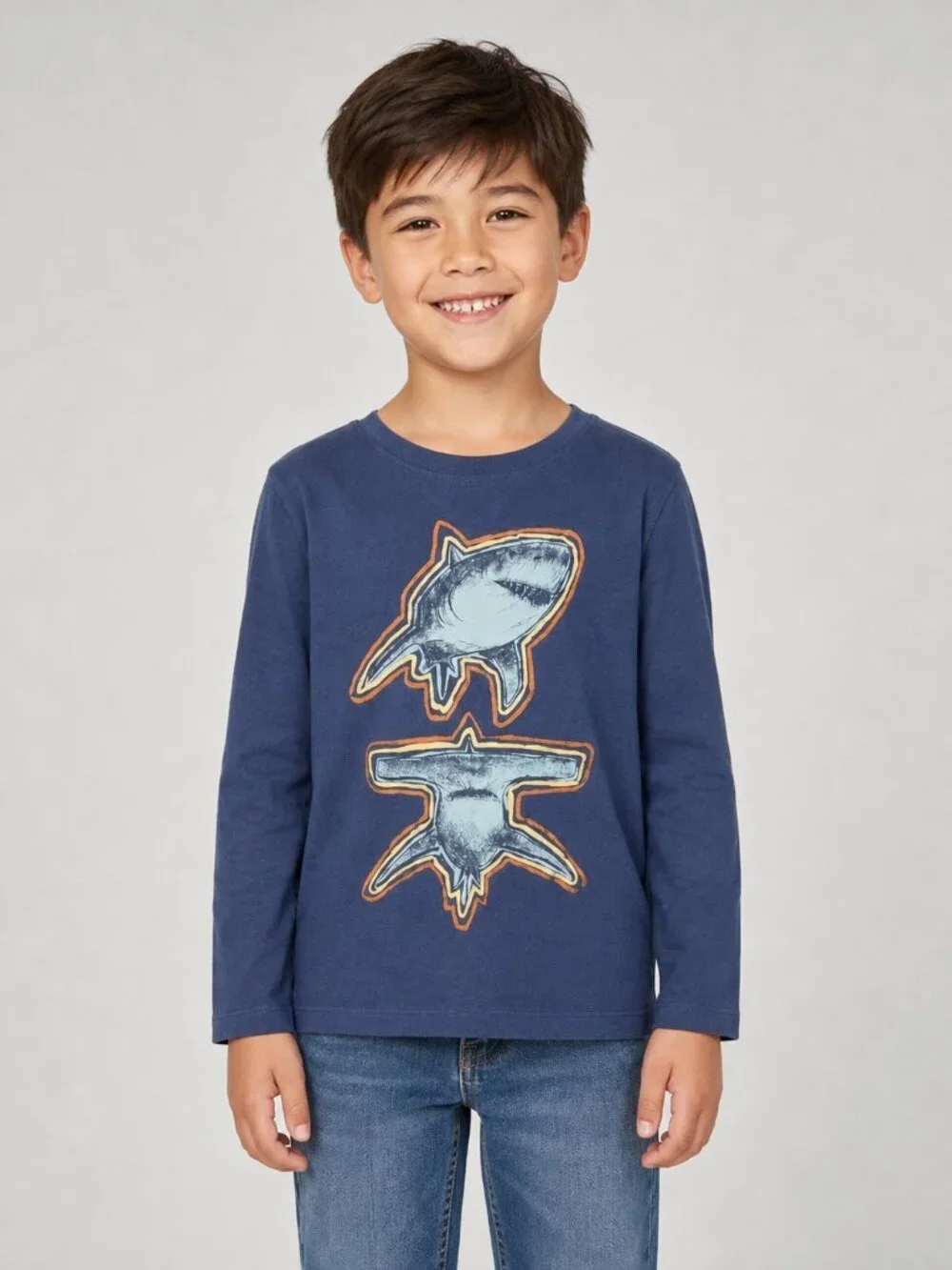 OshKosh Originals Navy Shark Graphic Long Sleeve Tee Size 6